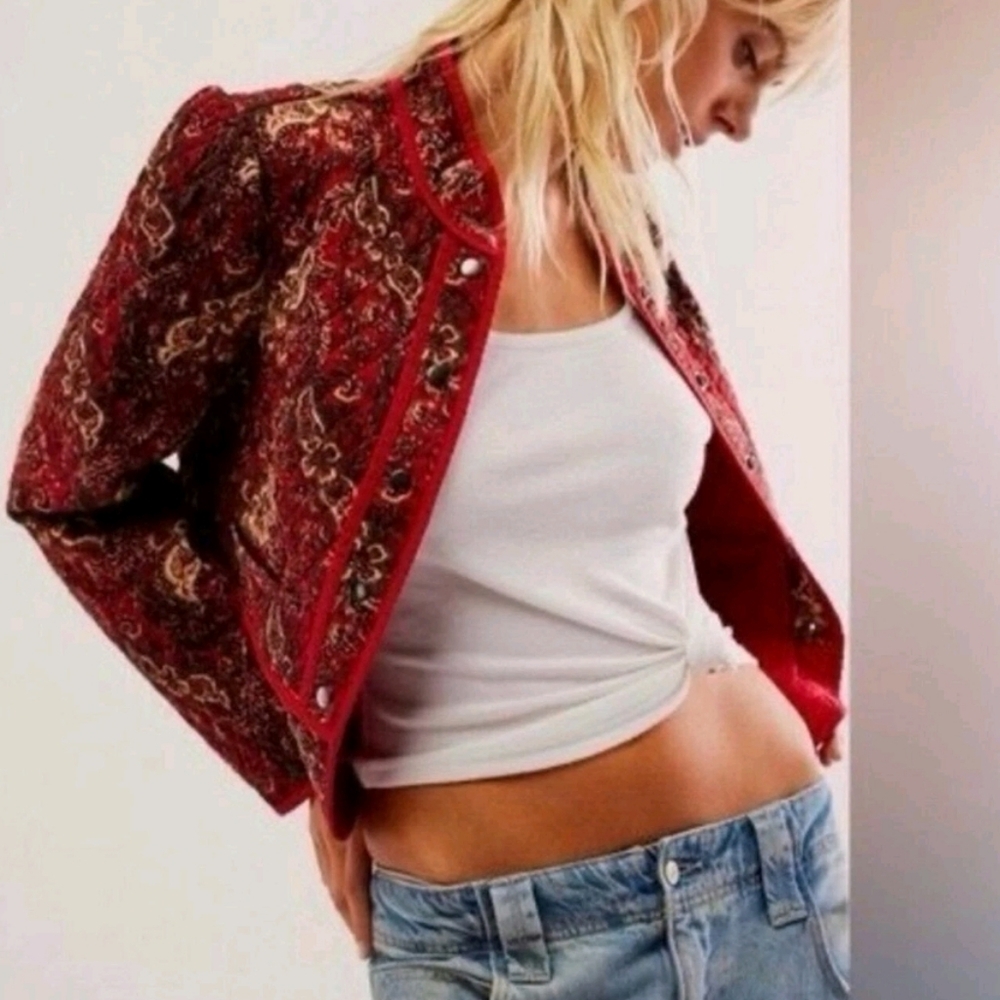 Free People Zoey Quilted Jacket In Cherry Combo